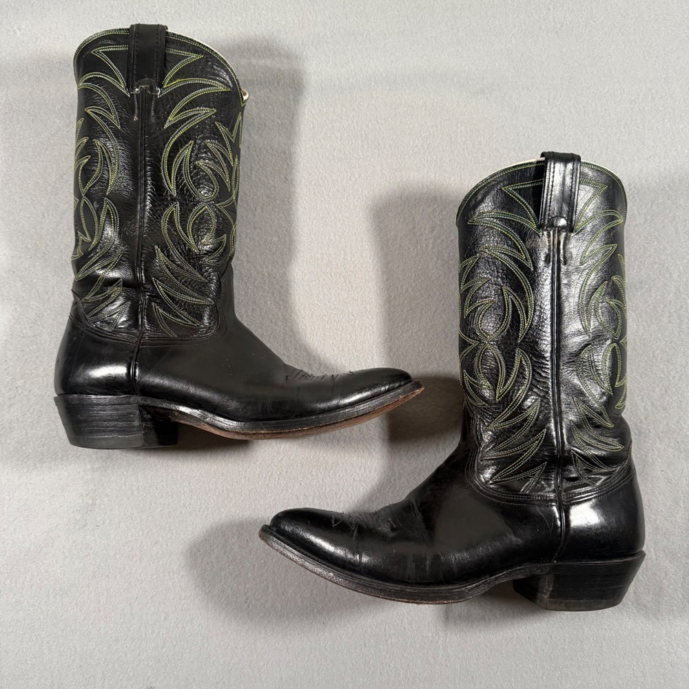 Vintage 80s Nocona Black Green Leather Cowboy Boots Neon Green Stitching Mens 9D